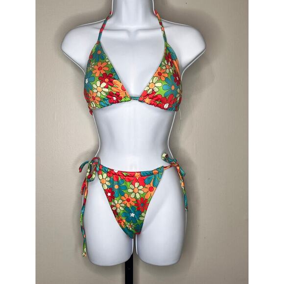 NWOT Women's Swimwear Floral Triangle Bikini Top Side Tie Bottom Multicolor XL - Picture 2 of 6